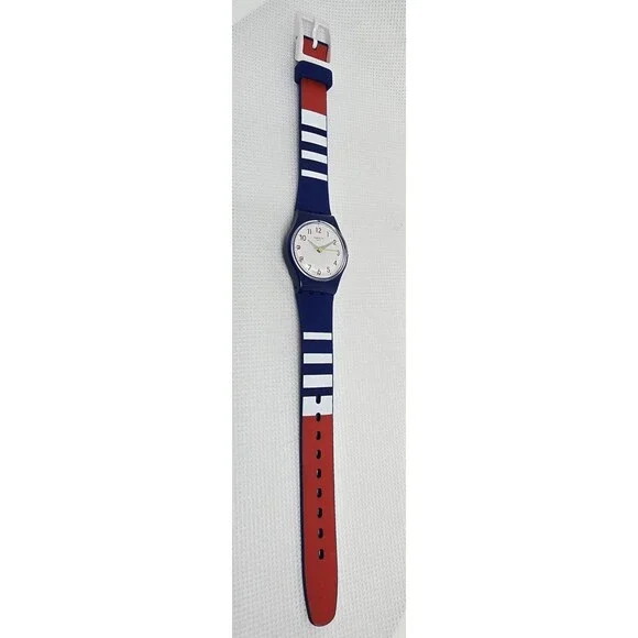 Women's Swatch Swiss Round White Dial Blue White Blue Red Rubber Strap Watch 04 - Picture 5 of 8